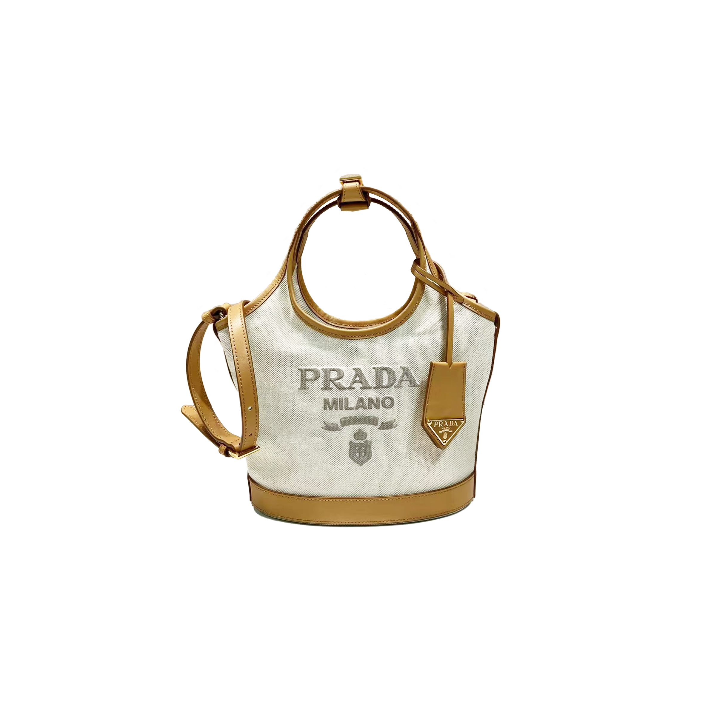 Pra*a small linen blend and leather tote bag 1bg974 (21*18*9cm)